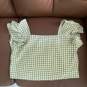 Ruffle trim square neck gingham blouse